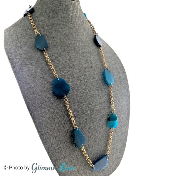 Vintage RG Graziano Blue Agate Long Gold Tone Necklace 36 Inch Layering Station - Picture 2 of 11